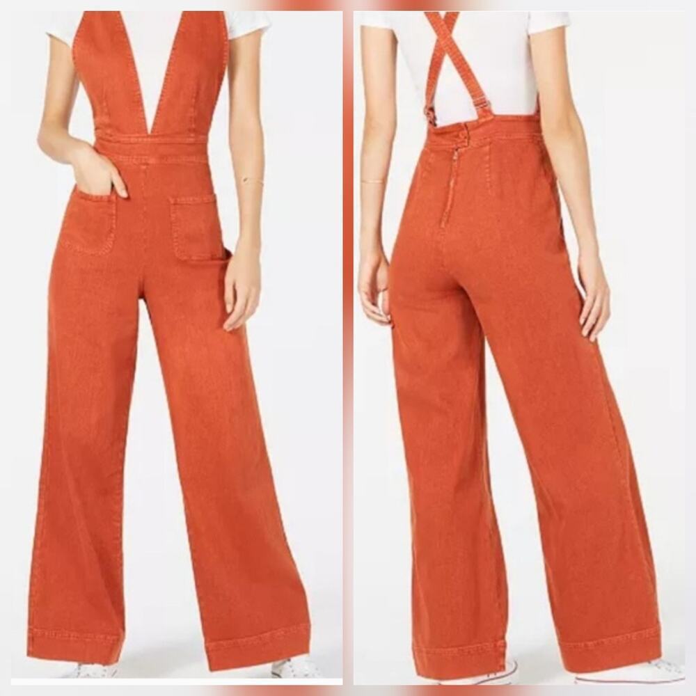 BDG Urban Outfitters Women’s Eleanor Plunging Denim Jumpsuits Sz 2 Burn Orange